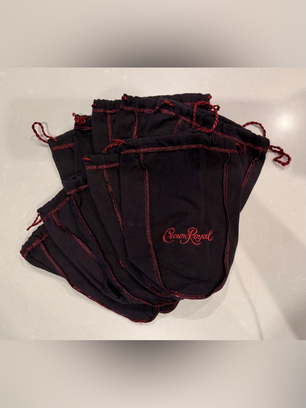 10 Dark Purple Crown Royal Drawstring Bags with Red Trim